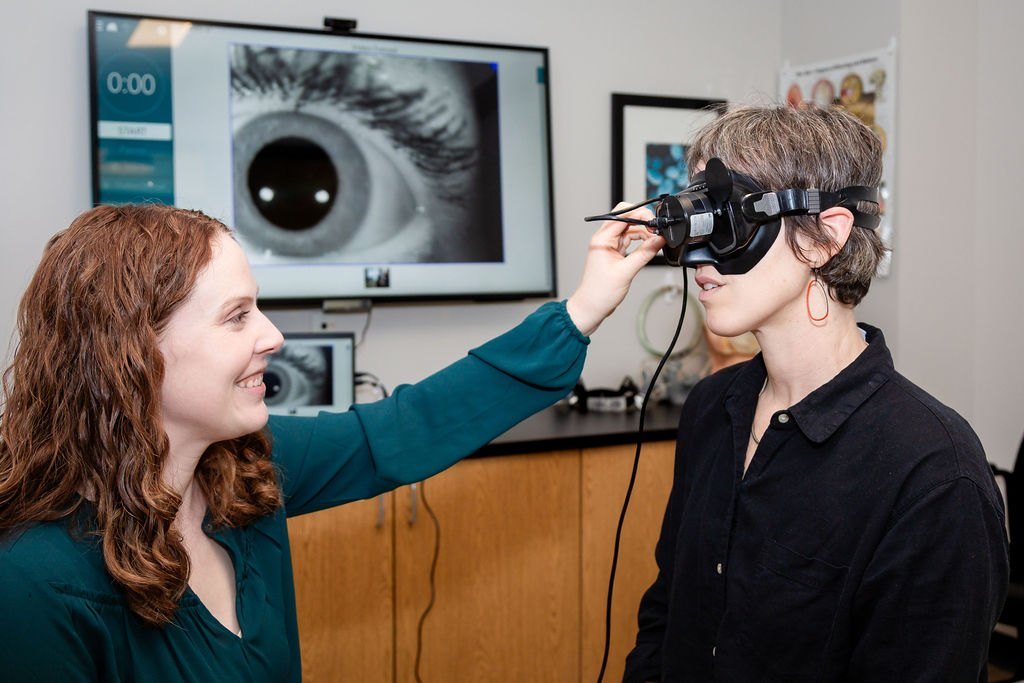Eye-movement testing with video goggles during a vestibular exam